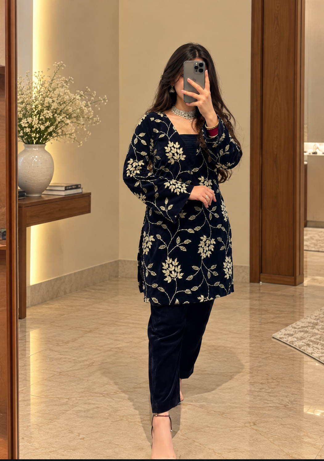 Women Blue VELVET EMBELLISHED Kurta Set with Bottom and Dupatta