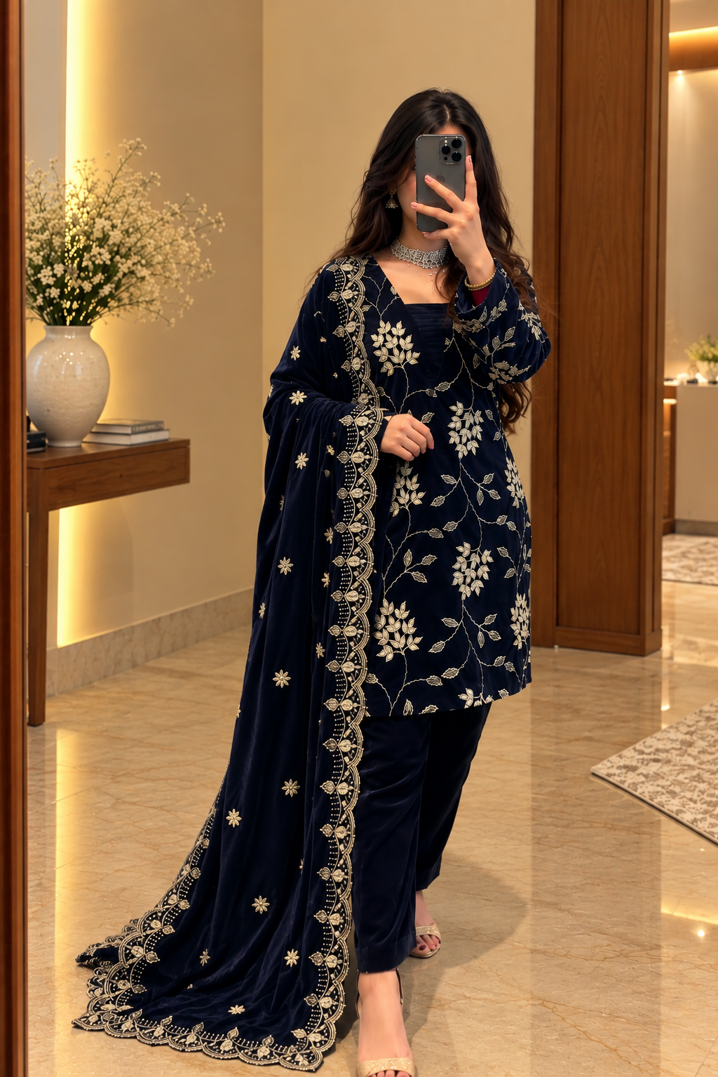 Women Blue VELVET EMBELLISHED Kurta Set with Bottom and Dupatta