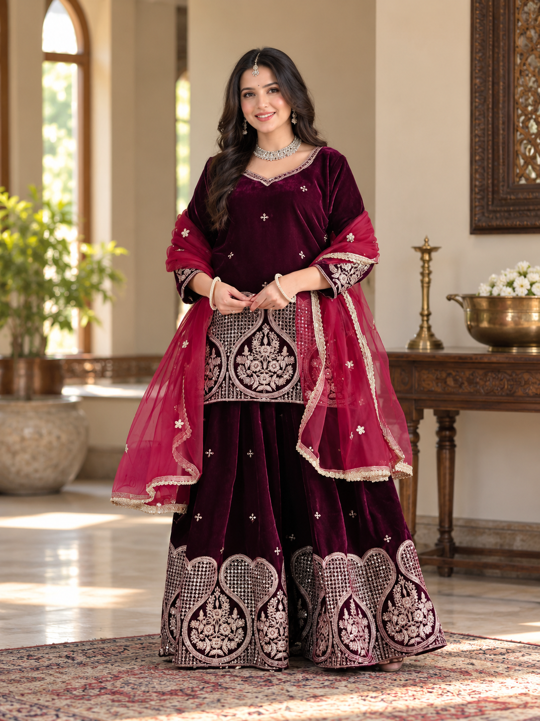 Women Maroon VELVET EMBELLISHED Kurta Set with Bottom sharara and Dupatta