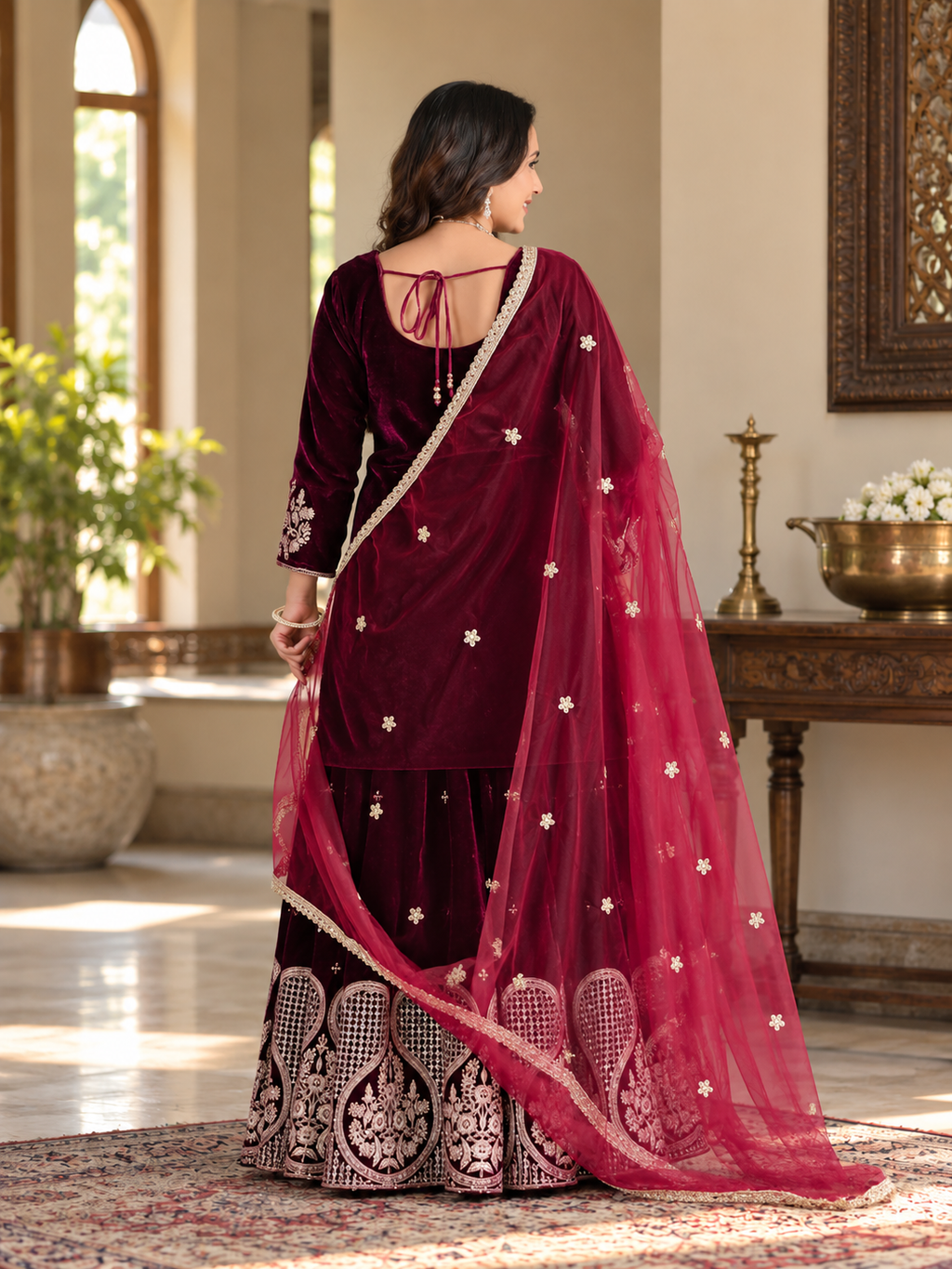 Women Maroon VELVET EMBELLISHED Kurta Set with Bottom sharara and Dupatta
