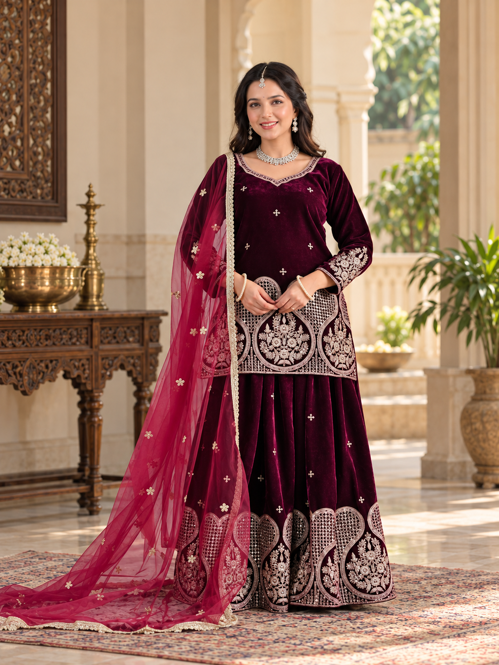 Women Maroon VELVET EMBELLISHED Kurta Set with Bottom sharara and Dupatta