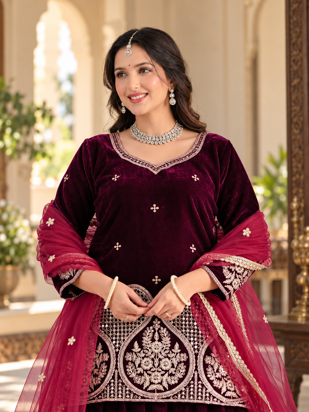 Women Maroon VELVET EMBELLISHED Kurta Set with Bottom sharara and Dupatta