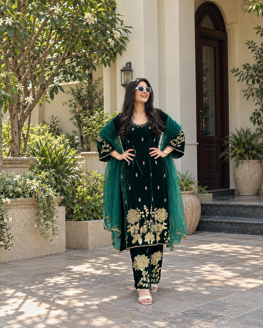 Women Green VELVET EMBELLISHED Kurta Set with Bottom and Dupatta
