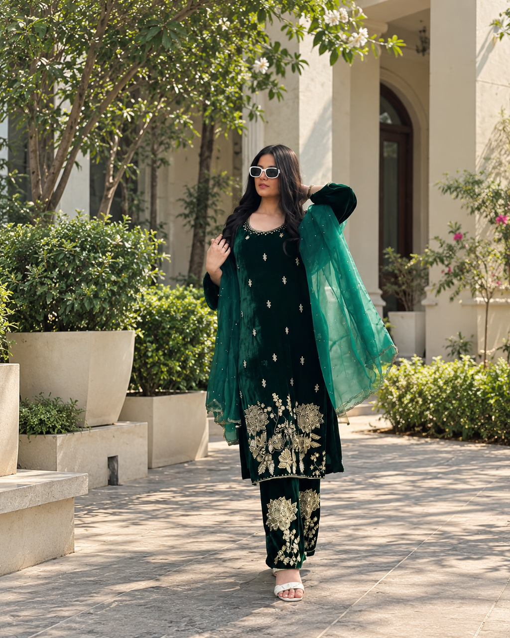 Women Green VELVET EMBELLISHED Kurta Set with Bottom and Dupatta