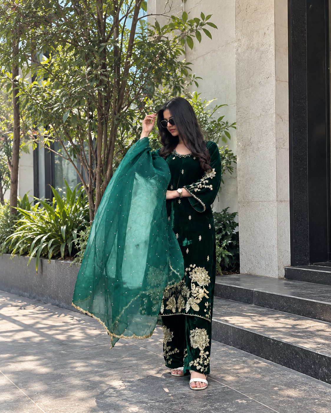 Women Green VELVET EMBELLISHED Kurta Set with Bottom and Dupatta