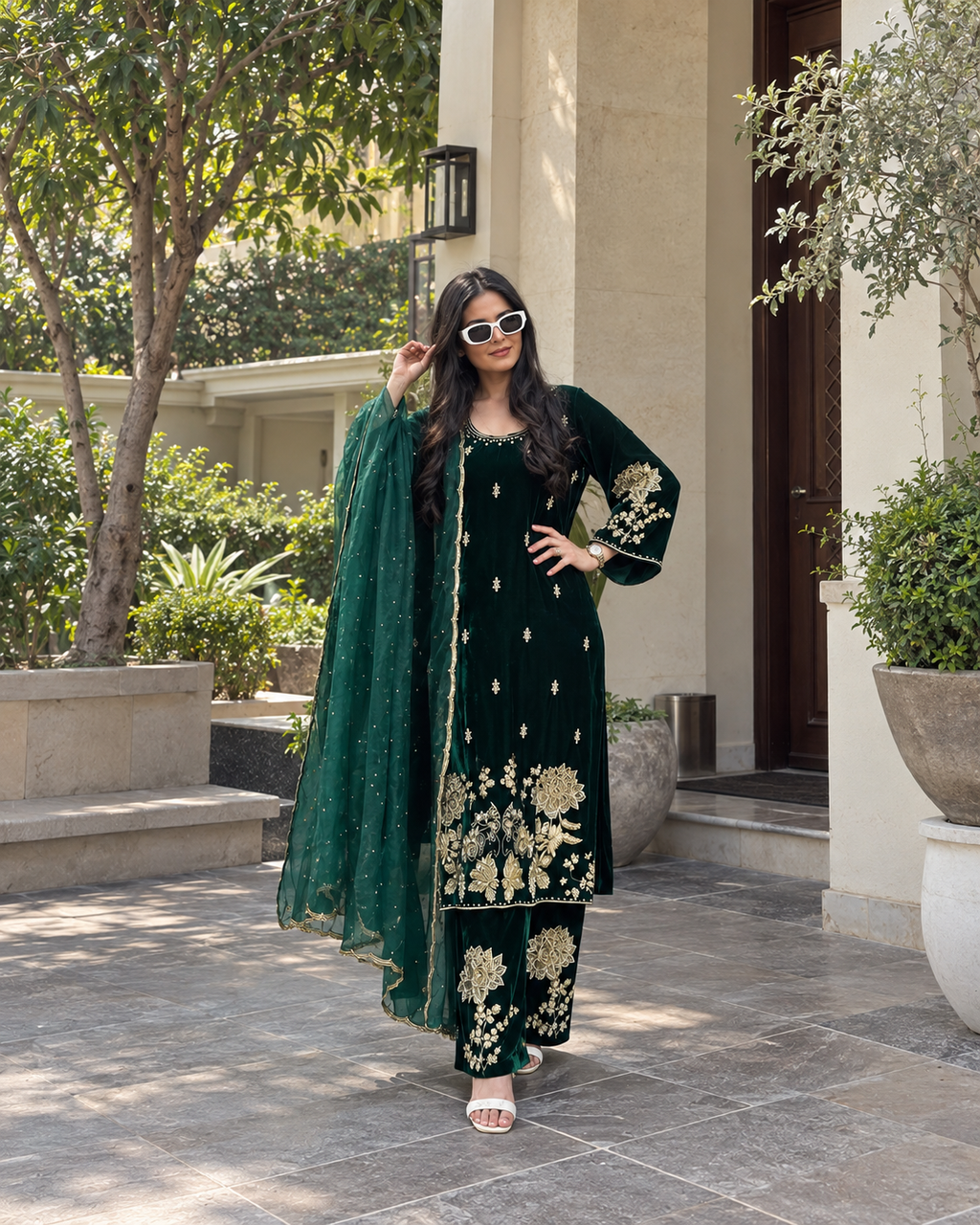 Women Green VELVET EMBELLISHED Kurta Set with Bottom and Dupatta