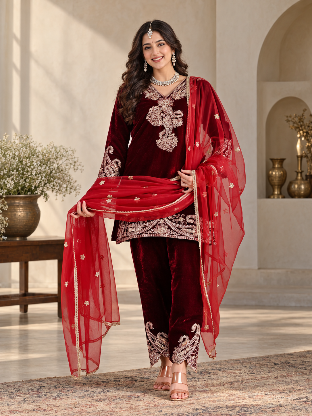 Women Maroon VELVET EMBELLISHED Kurta Set with Bottom and Dupatta