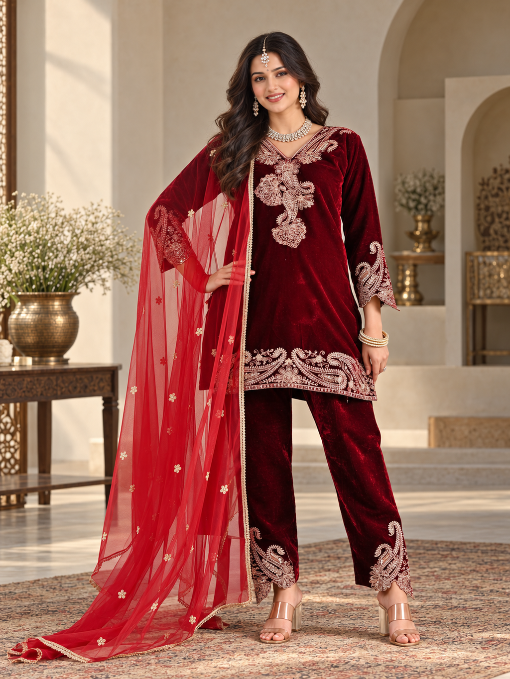 Women Maroon VELVET EMBELLISHED Kurta Set with Bottom and Dupatta