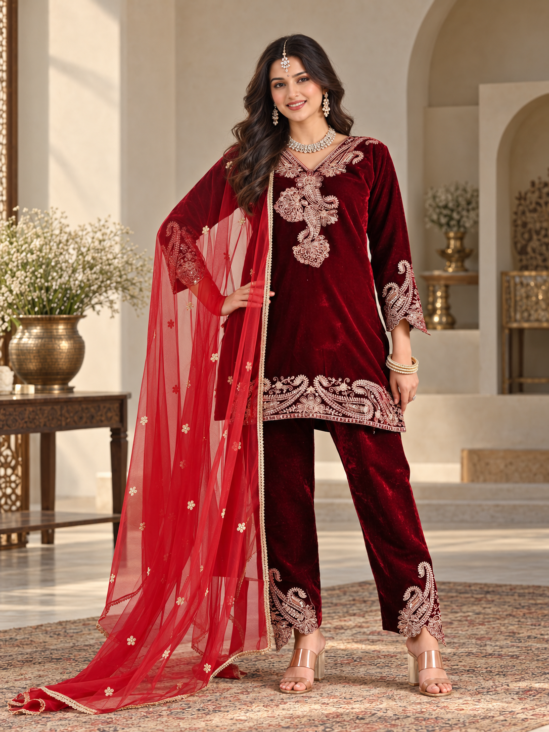 Women Maroon VELVET EMBELLISHED Kurta Set with Bottom and Dupatta