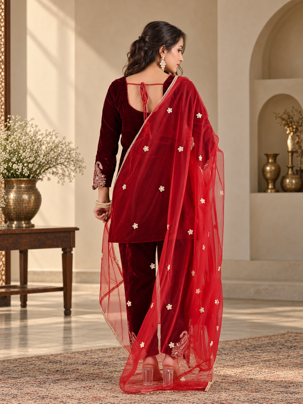 Women Maroon VELVET EMBELLISHED Kurta Set with Bottom and Dupatta
