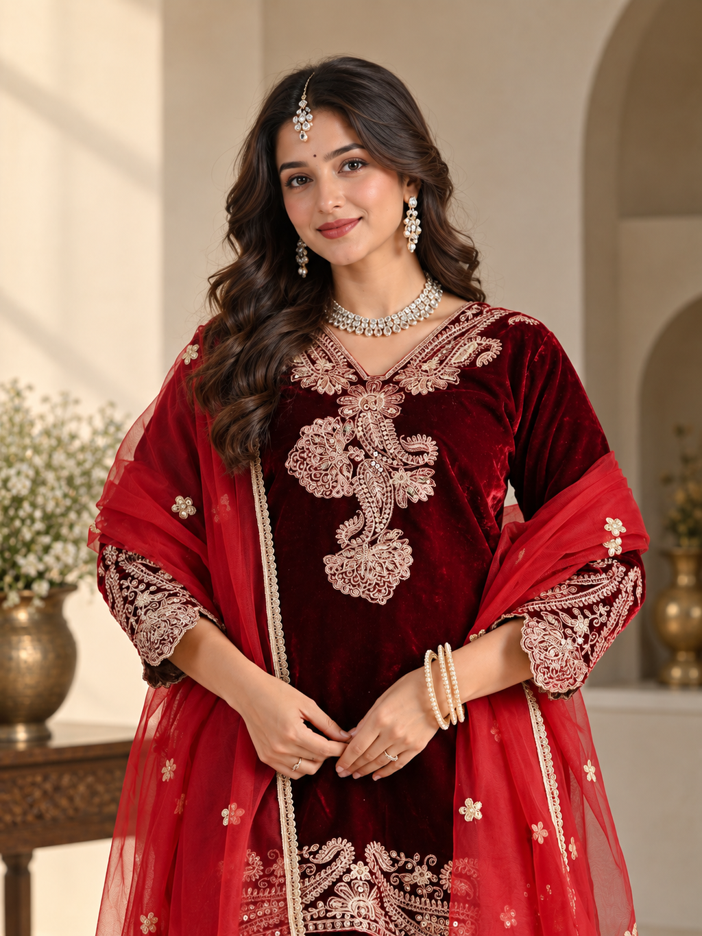 Women Maroon VELVET EMBELLISHED Kurta Set with Bottom and Dupatta