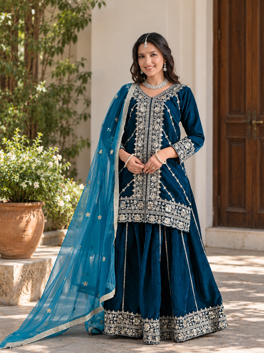 Women Rama VELVET EMBELLISHED Kurta Set with Bottom sharara and Dupatta