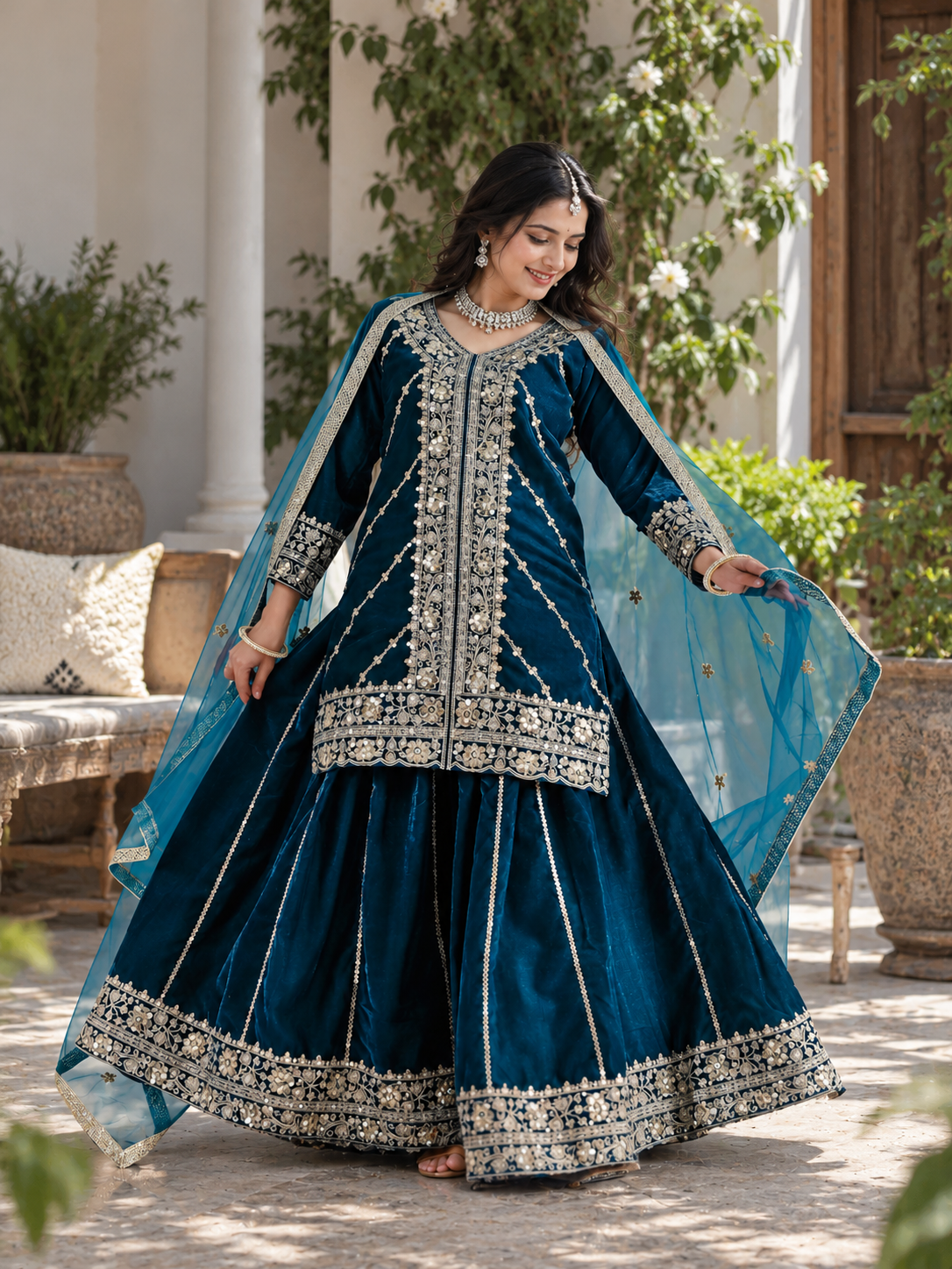 Women Rama VELVET EMBELLISHED Kurta Set with Bottom sharara and Dupatta