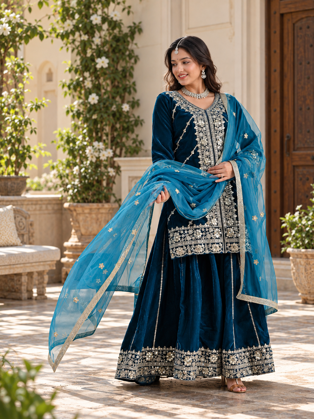 Women Rama VELVET EMBELLISHED Kurta Set with Bottom sharara and Dupatta