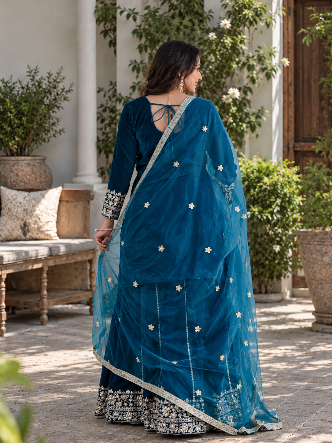Women Rama VELVET EMBELLISHED Kurta Set with Bottom sharara and Dupatta