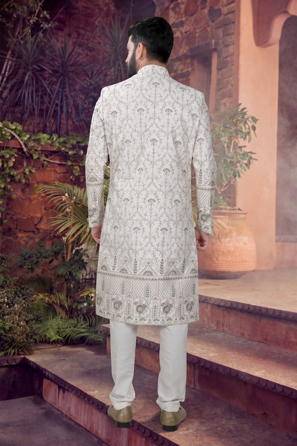 Men's SILK OFF-WHITE(GREEN AND GOLD EMBROIDARY)  SHERWANI