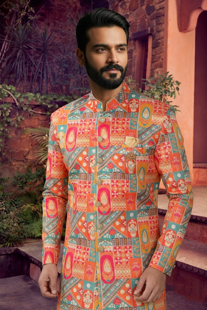 Men's SILK ORANGE(MULTI COLOURS)  SEMI-INDO-WESTERN