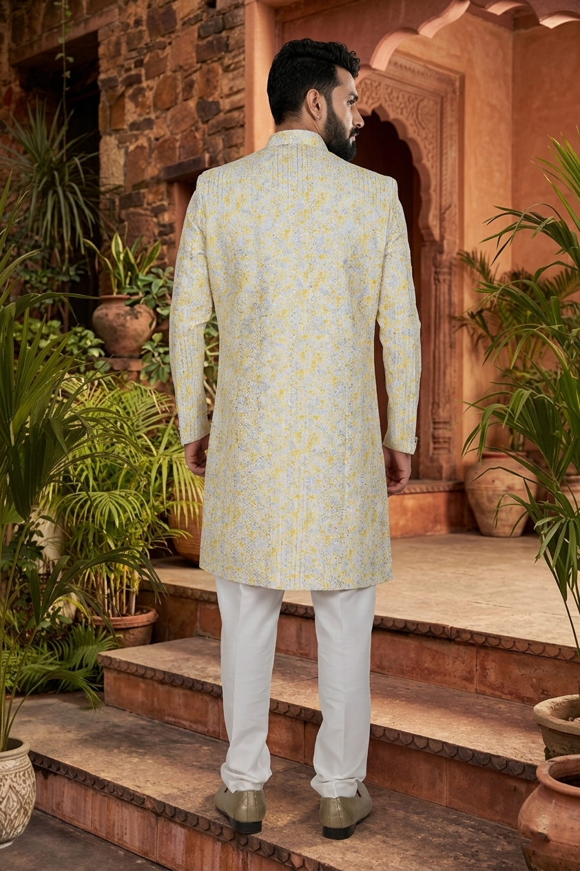 Men's SILK YELLOW  SEMI-INDO-WESTERN