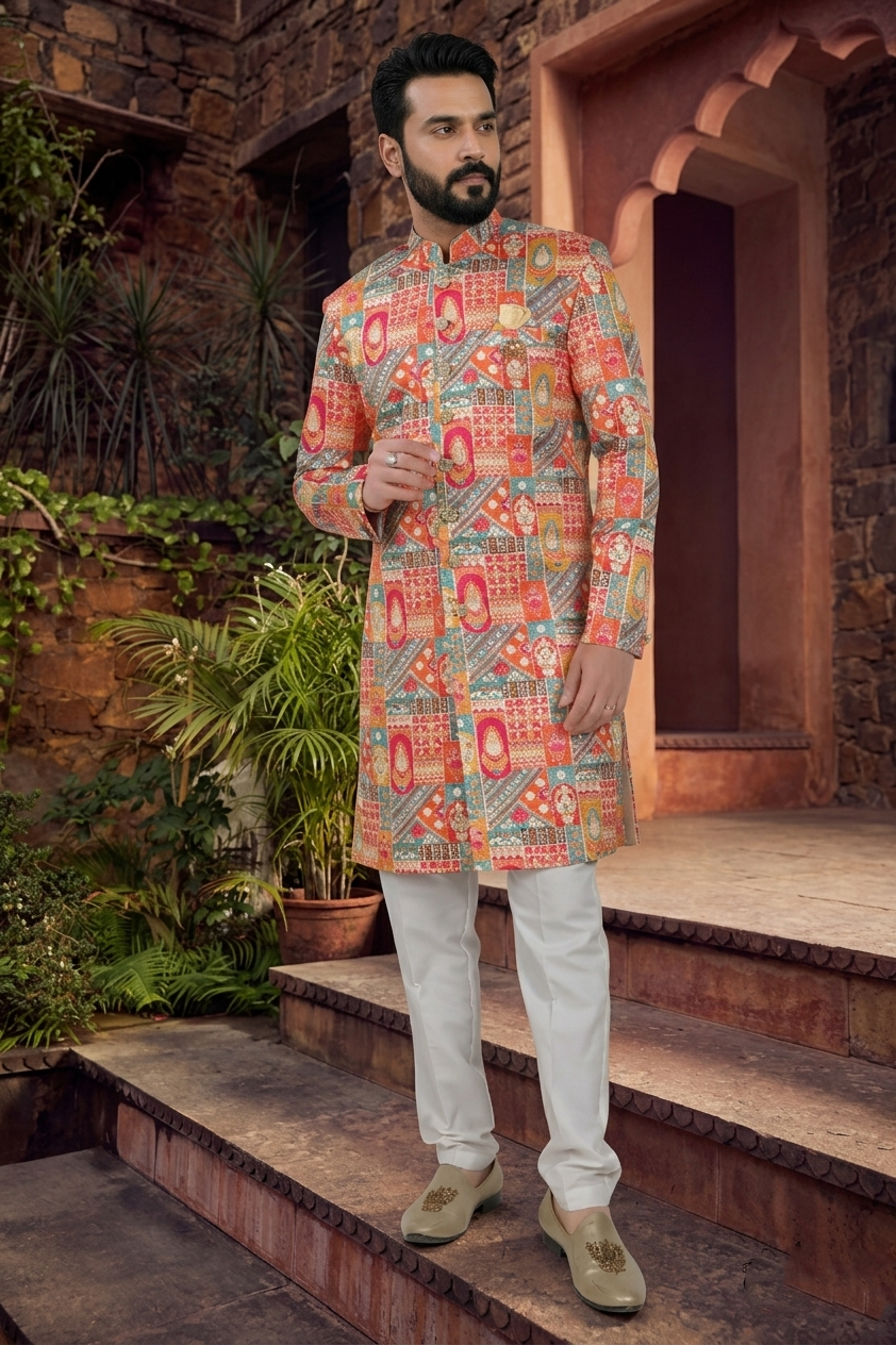 Men's SILK ORANGE(MULTI COLOURS)  SEMI-INDO-WESTERN