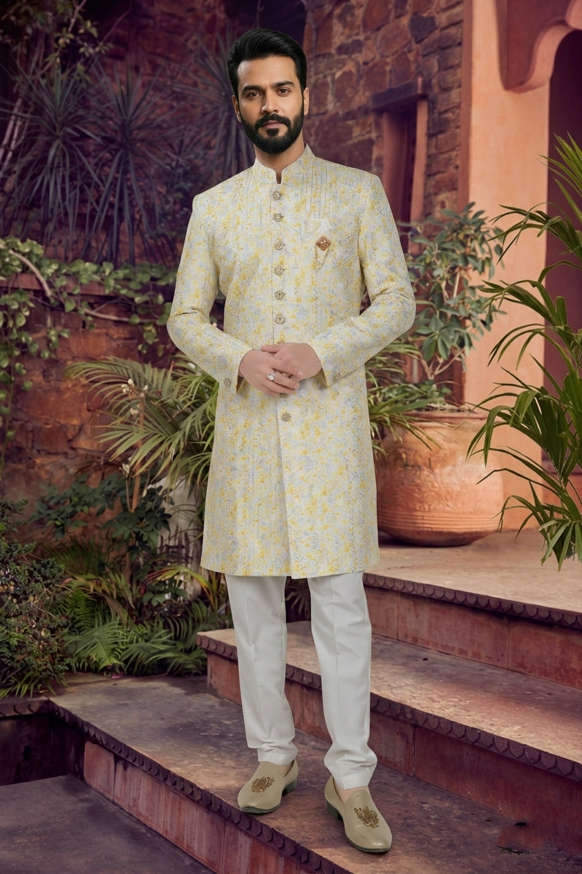 Men's SILK YELLOW  SEMI-INDO-WESTERN