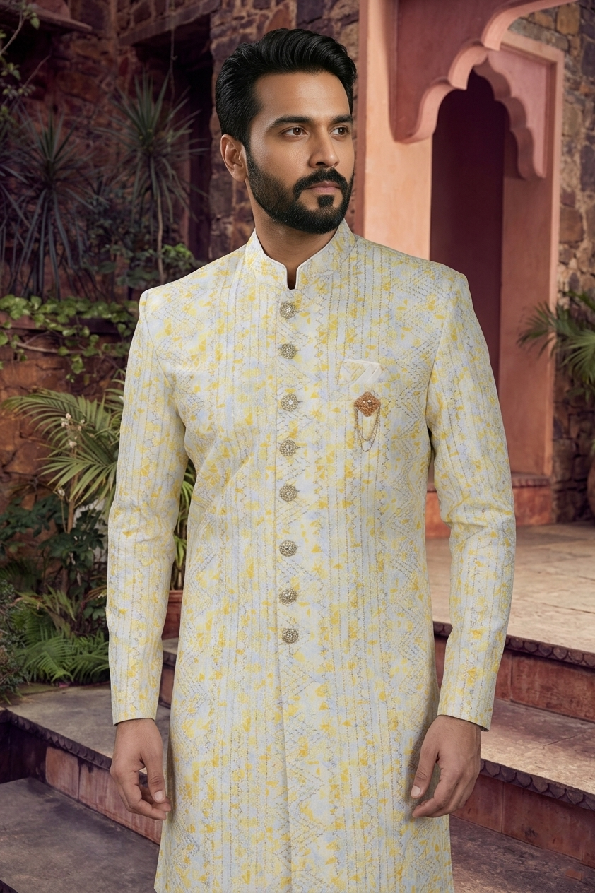 Men's SILK YELLOW  SEMI-INDO-WESTERN