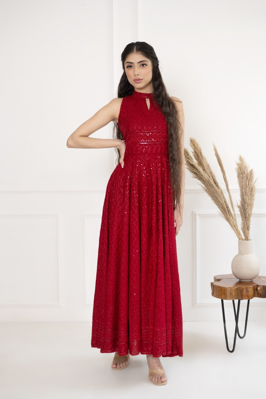 Maroon Rayon Chikankari Dress