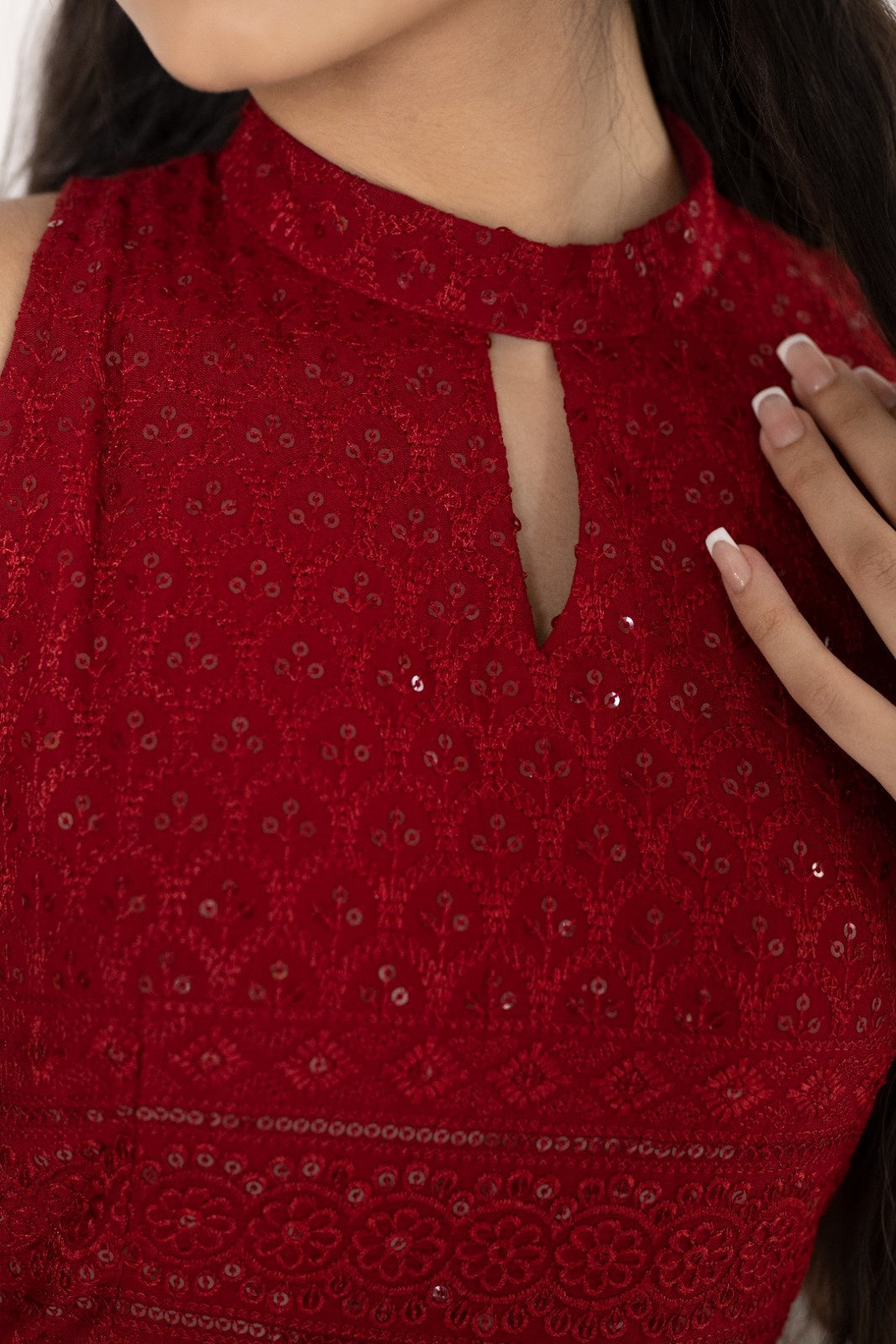 Maroon Rayon Chikankari Dress