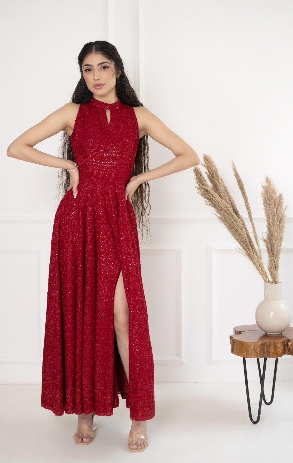 Maroon Rayon Chikankari Dress