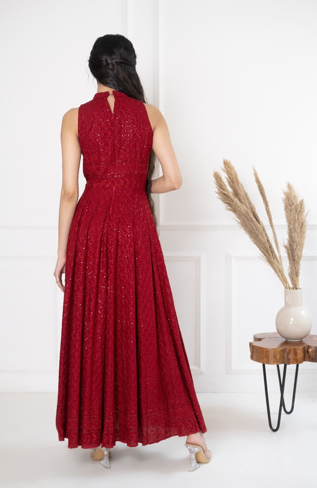 Maroon Rayon Chikankari Dress