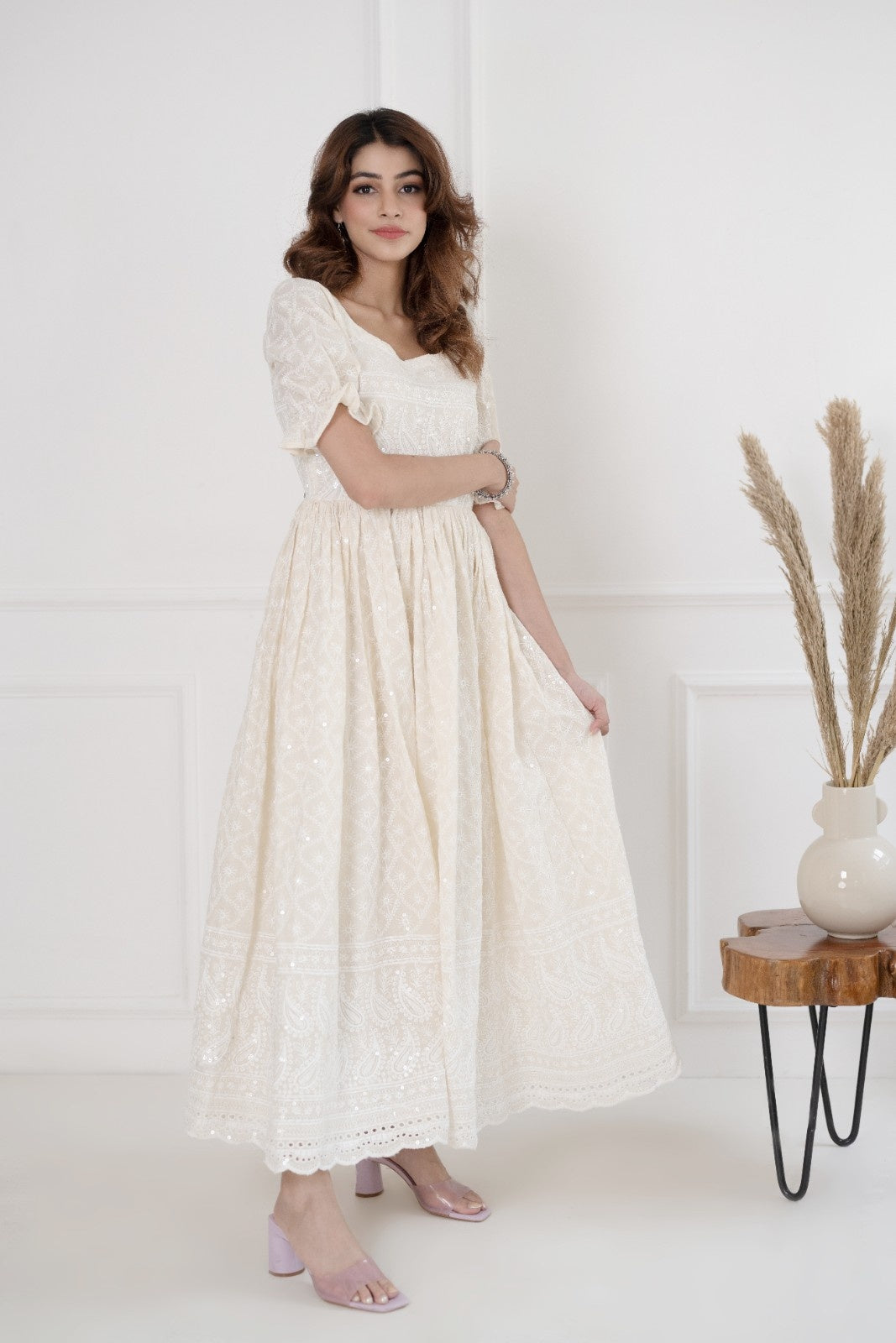 Off White Rayon Chikankari Dress