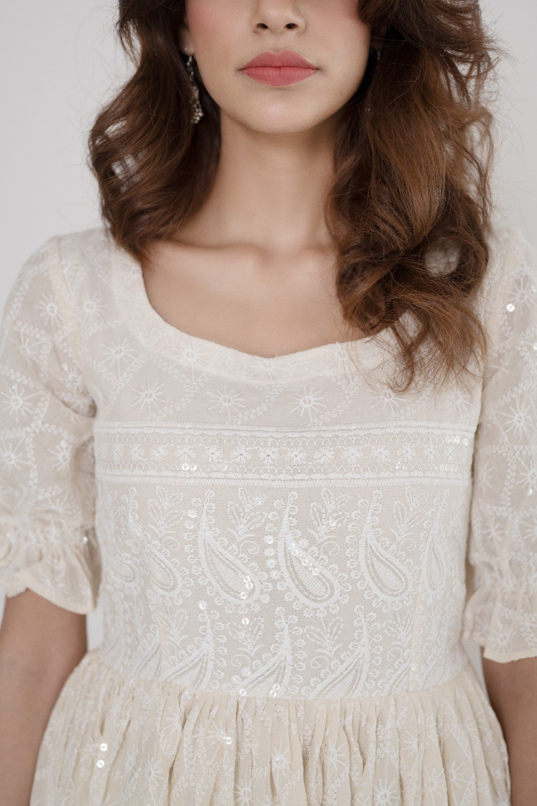 Off White Rayon Chikankari Dress