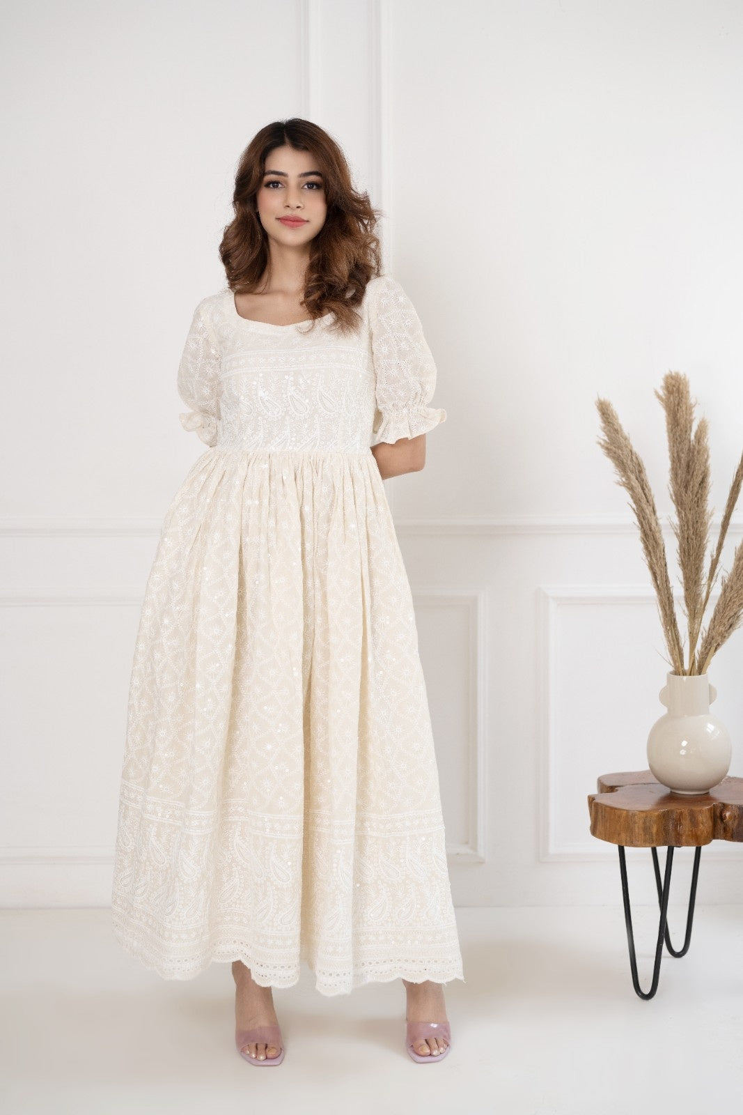 Off White Rayon Chikankari Dress