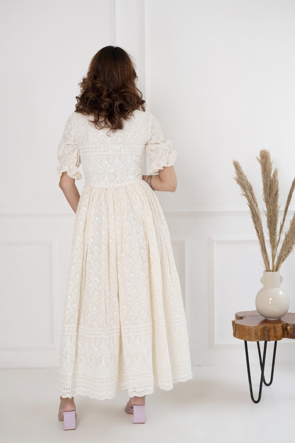 Off White Rayon Chikankari Dress