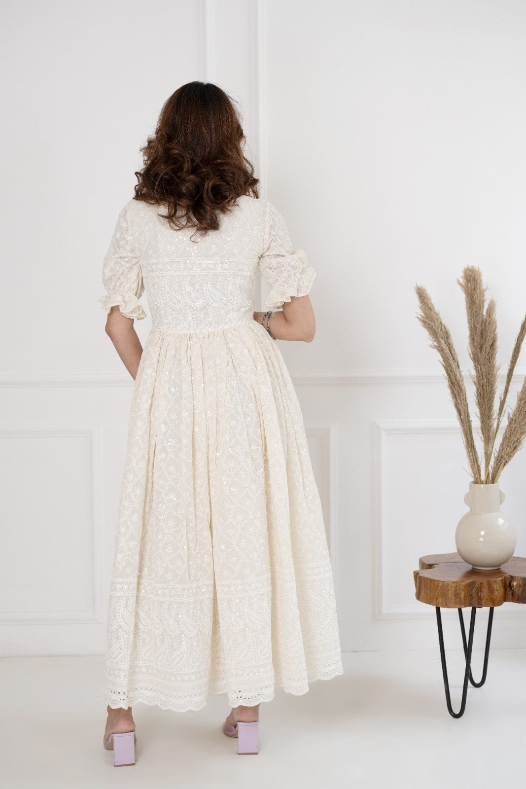 Off White Rayon Chikankari Dress