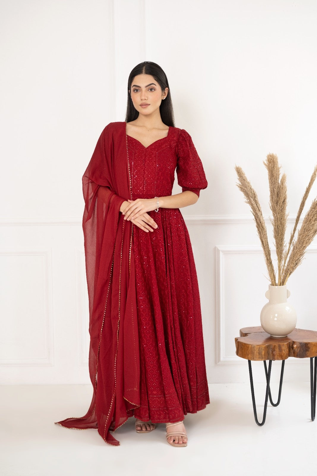 Maroon Rayon Chiknakari Anarkali Kurta Set