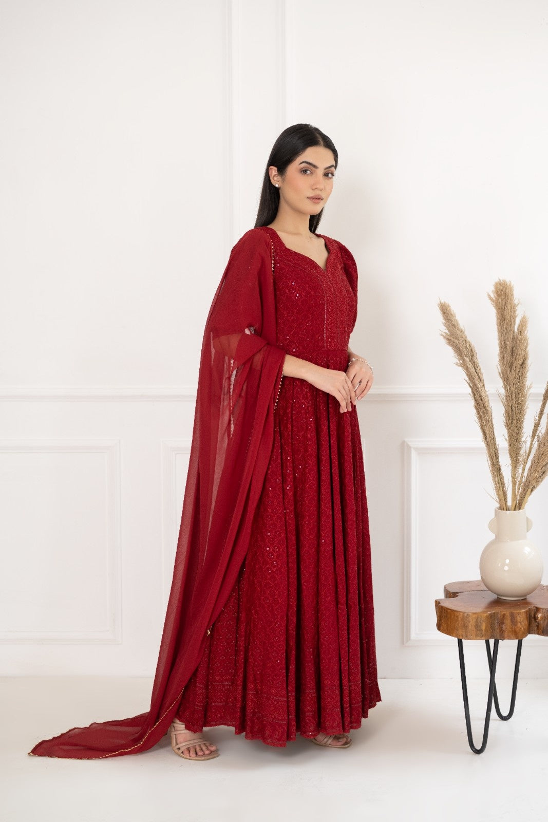Maroon Rayon Chiknakari Anarkali Kurta Set
