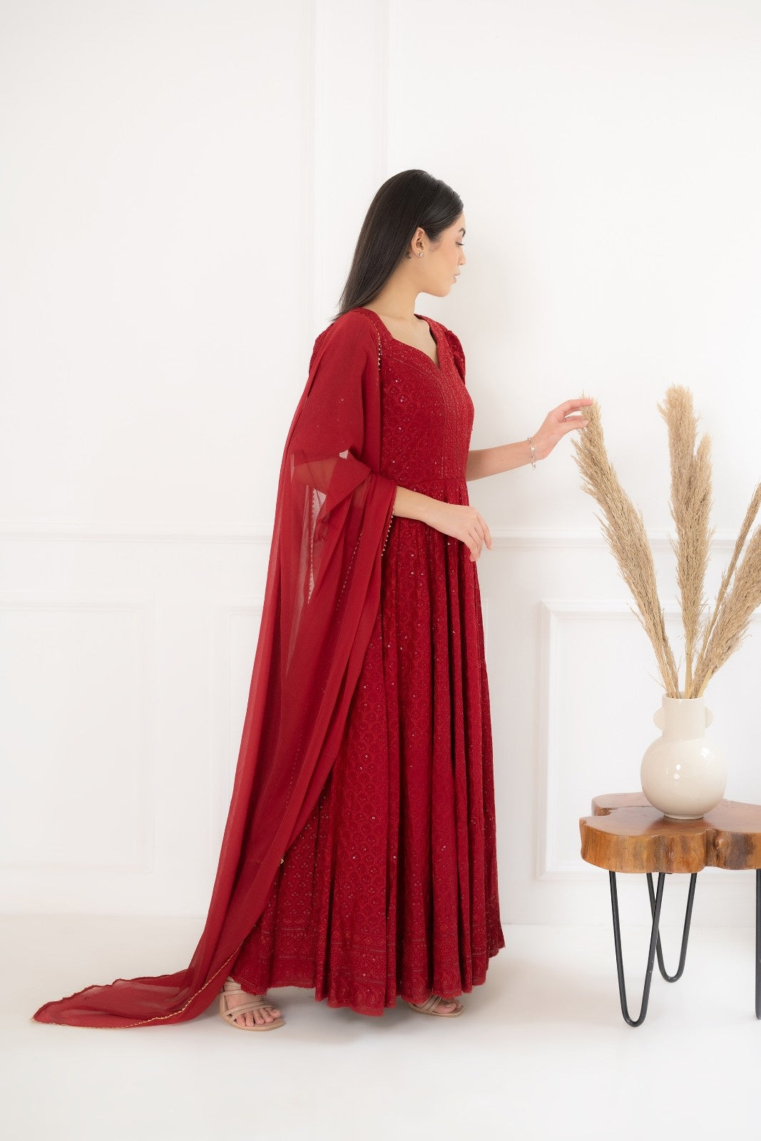 Maroon Rayon Chiknakari Anarkali Kurta Set