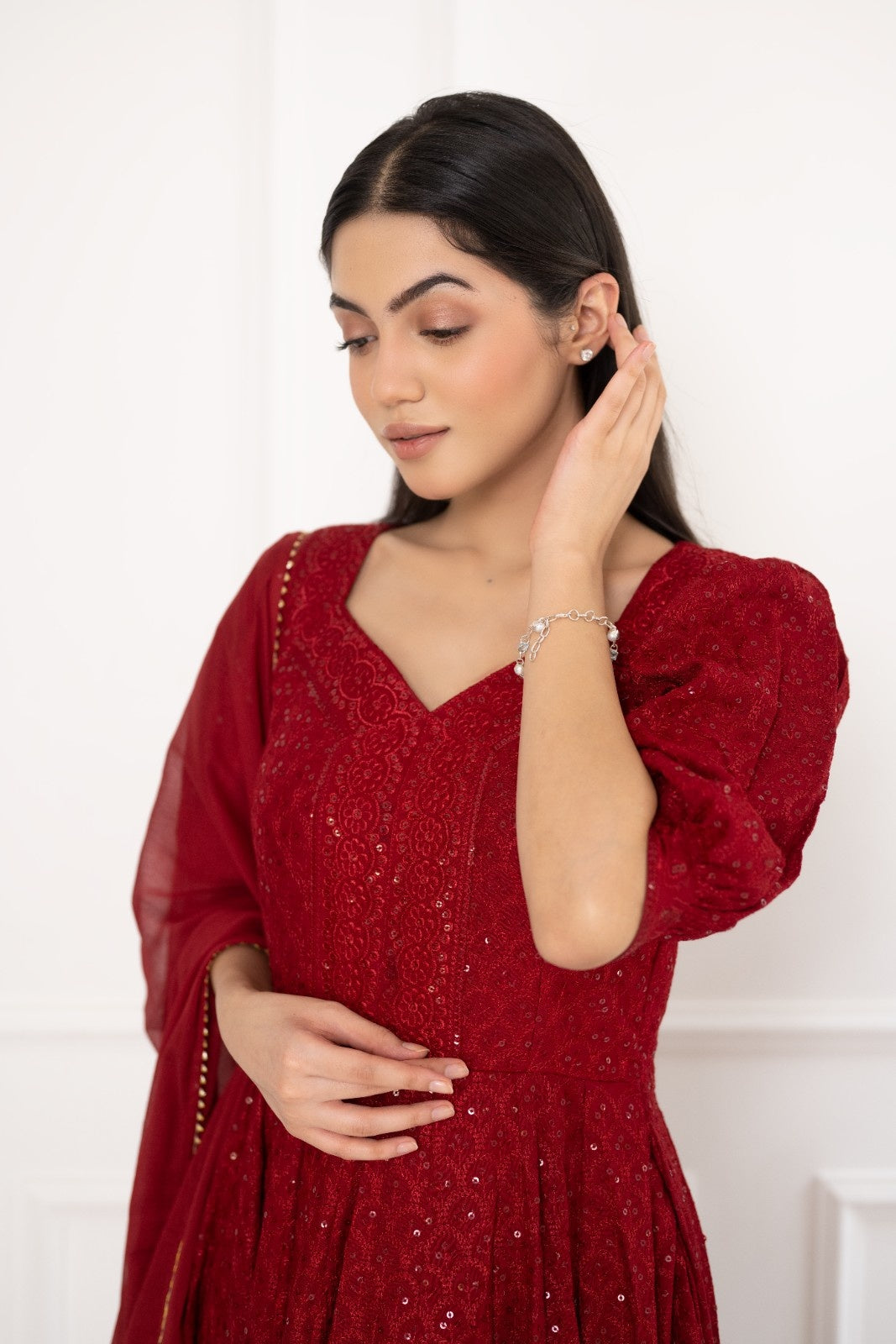 Maroon Rayon Chiknakari Anarkali Kurta Set