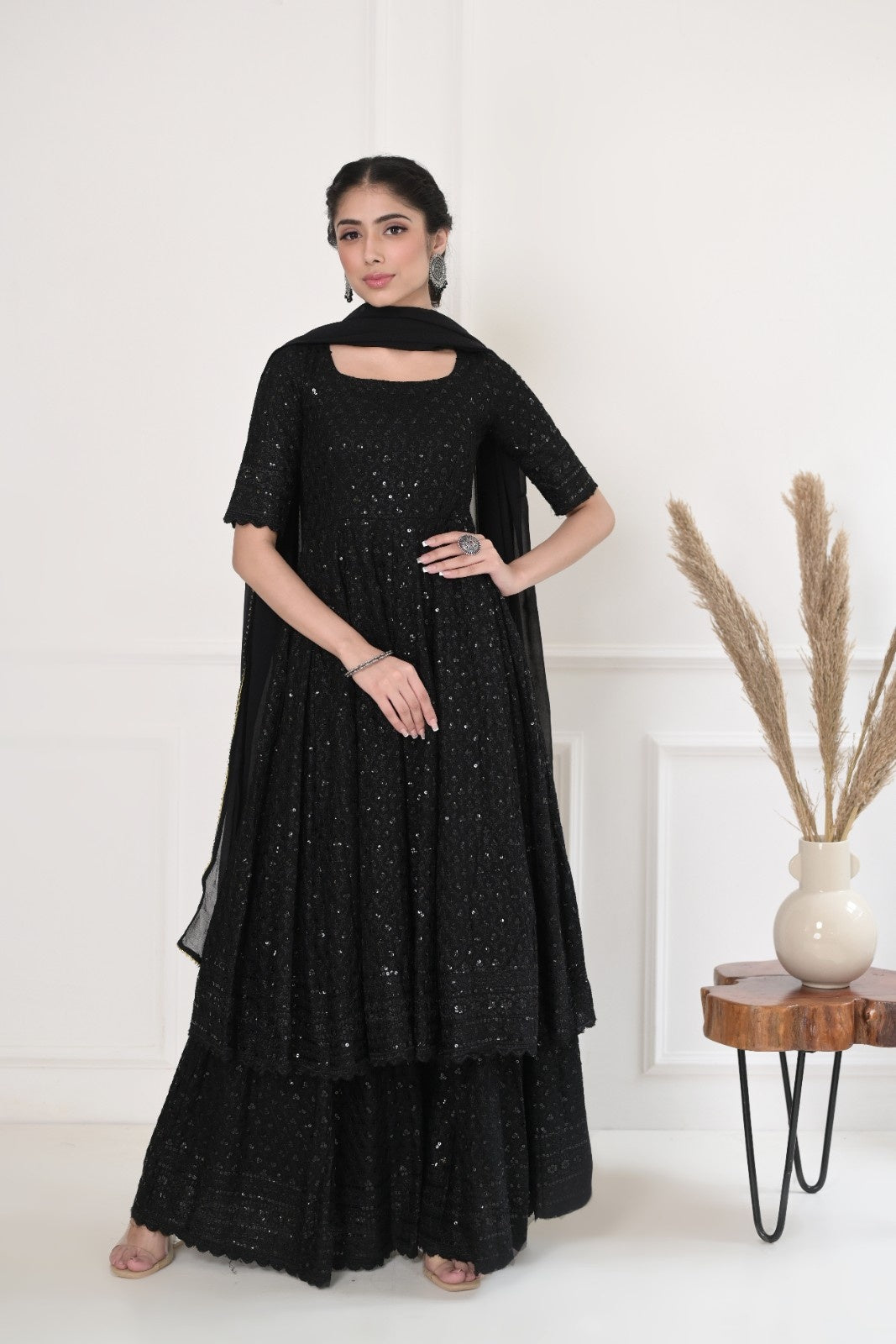 Black Rayon Chiknakari Sharara Kurta Set