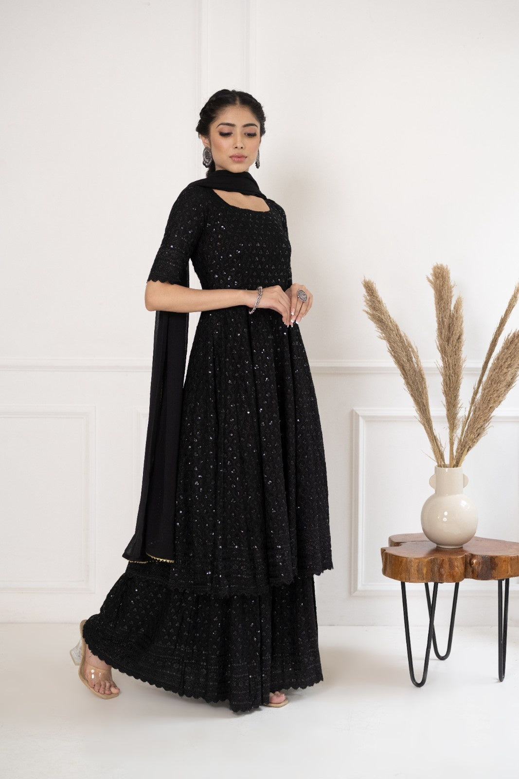 Black Rayon Chiknakari Sharara Kurta Set