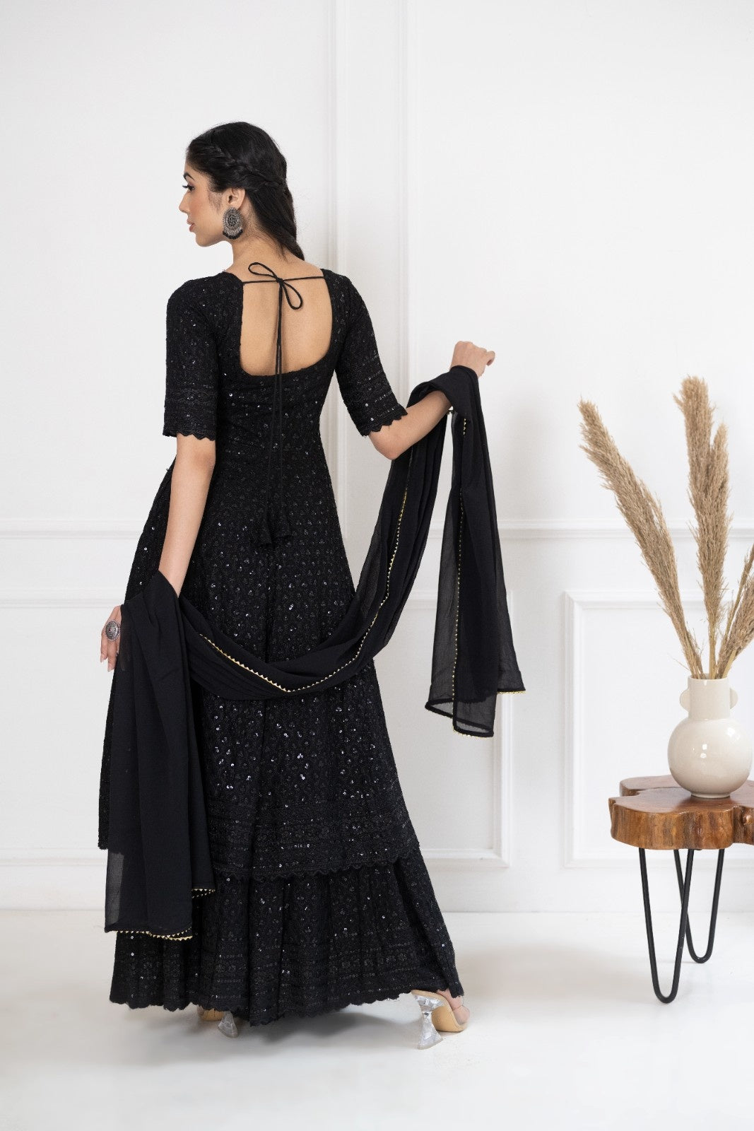 Black Rayon Chiknakari Sharara Kurta Set