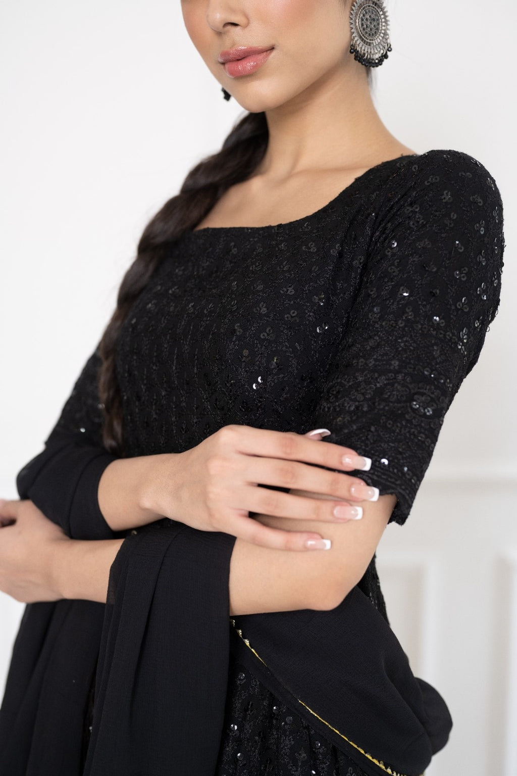 Black Rayon Chiknakari Sharara Kurta Set