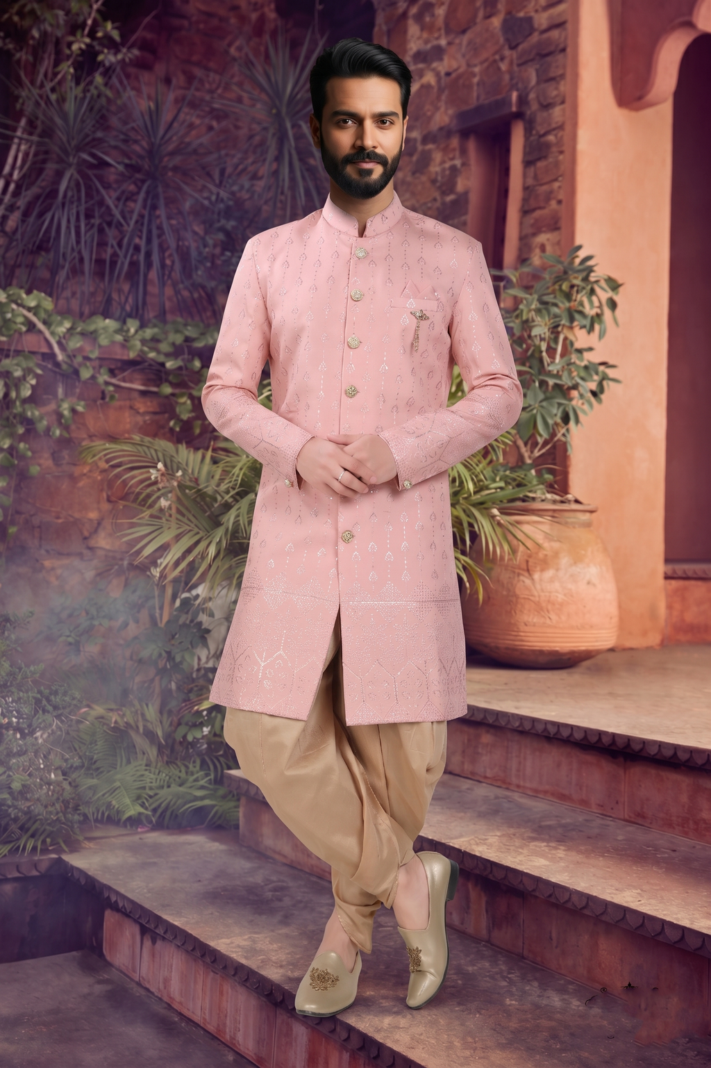 Men's SILK PINK  SEMI-INDO-WESTERN