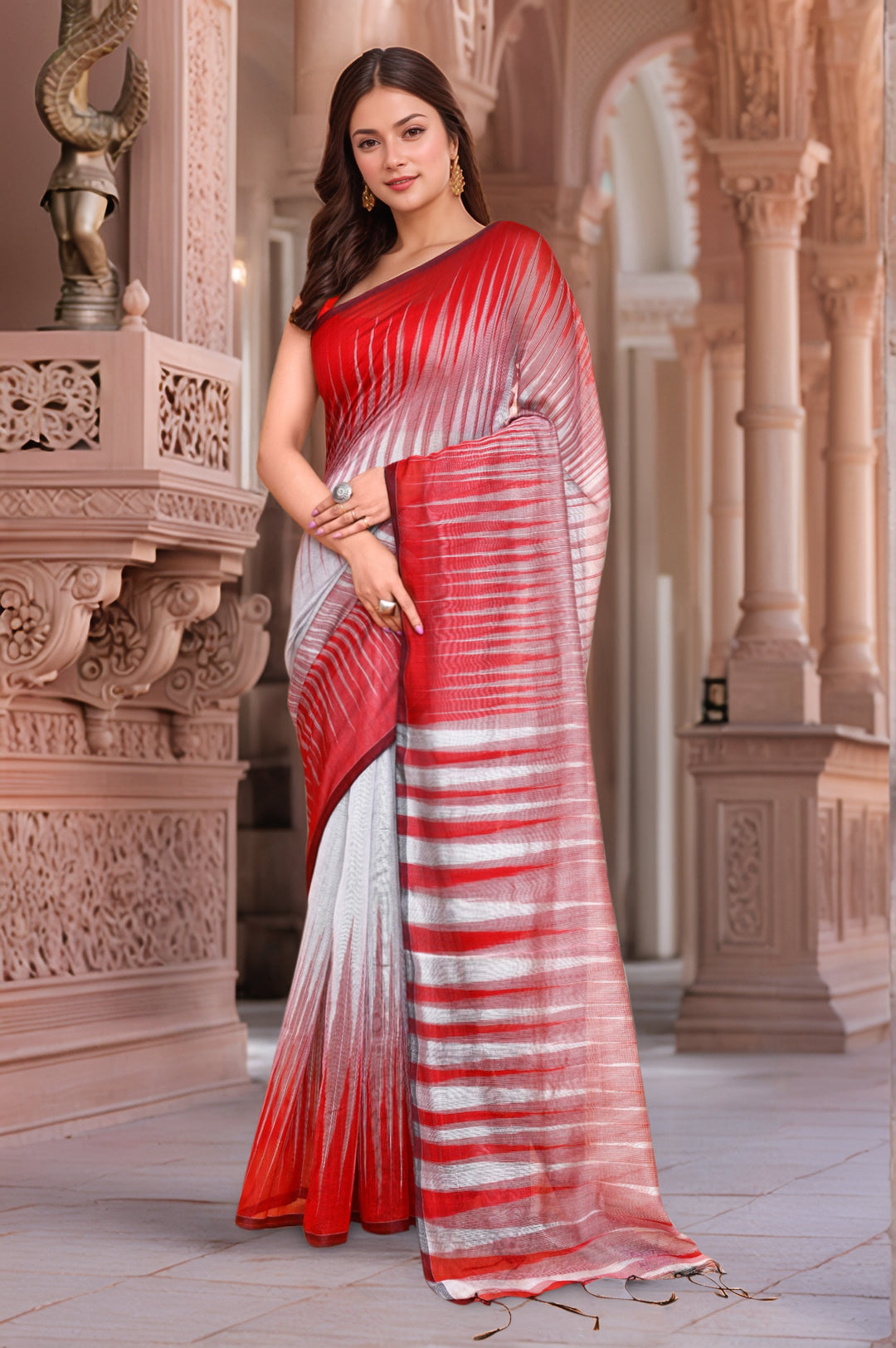 Cotton Red & White saree with Running Blouse