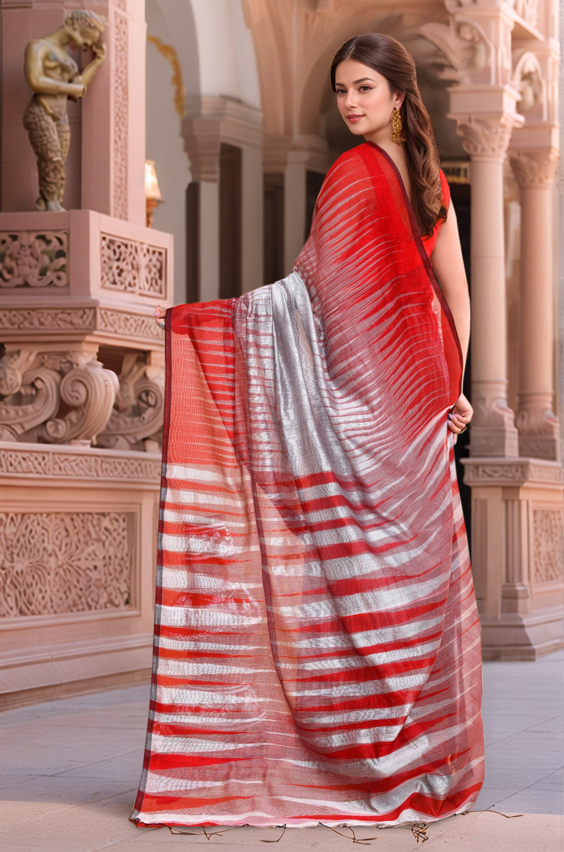 Cotton Red & White saree with Running Blouse