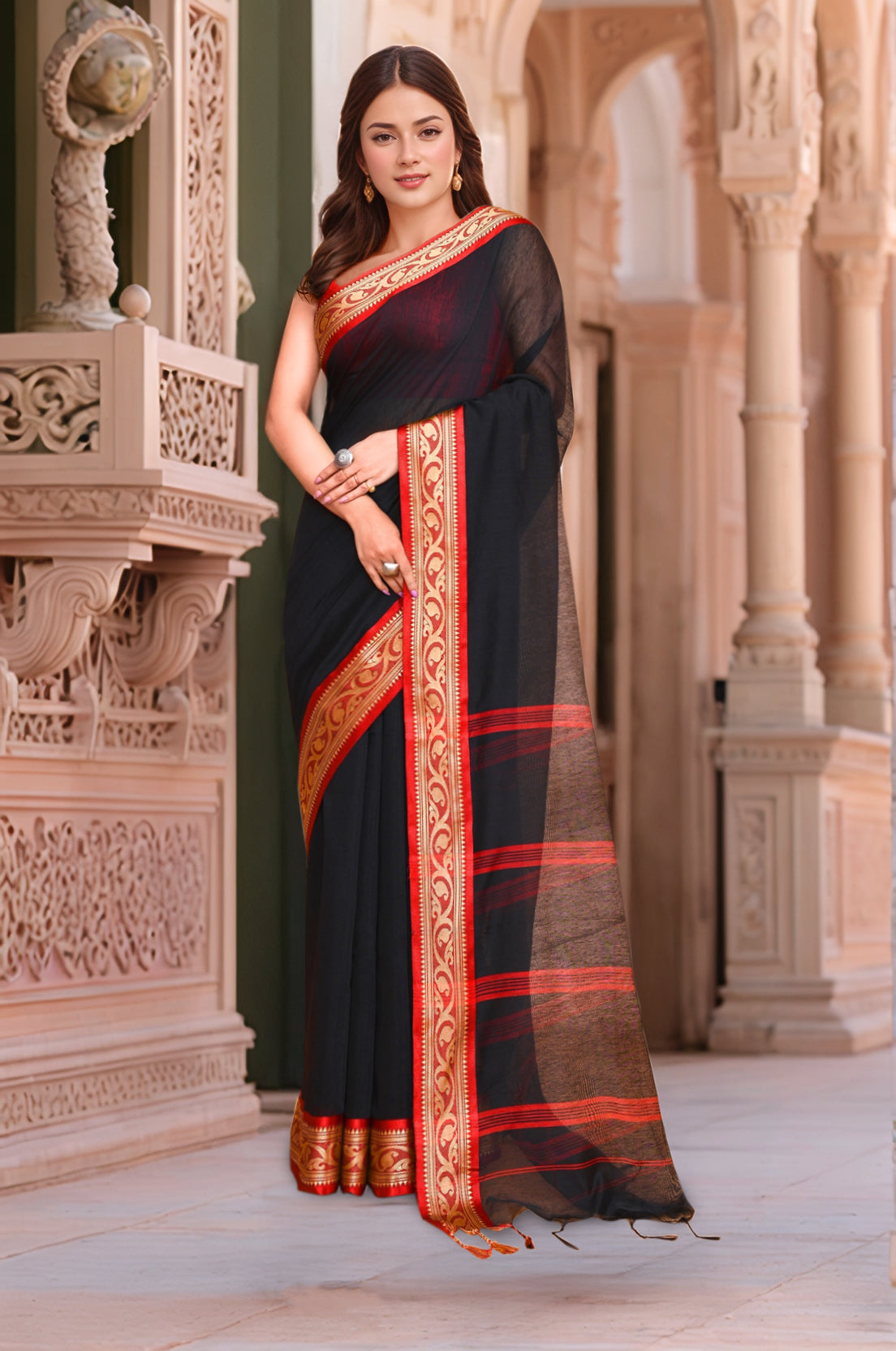 Cotton Black & Red Saree with Running Blouse