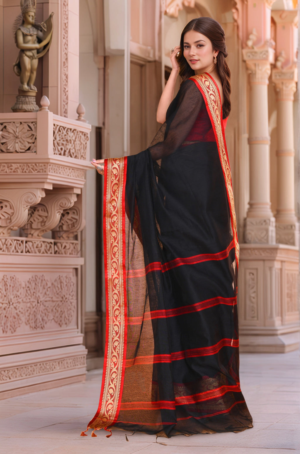 Cotton Black & Red Saree with Running Blouse