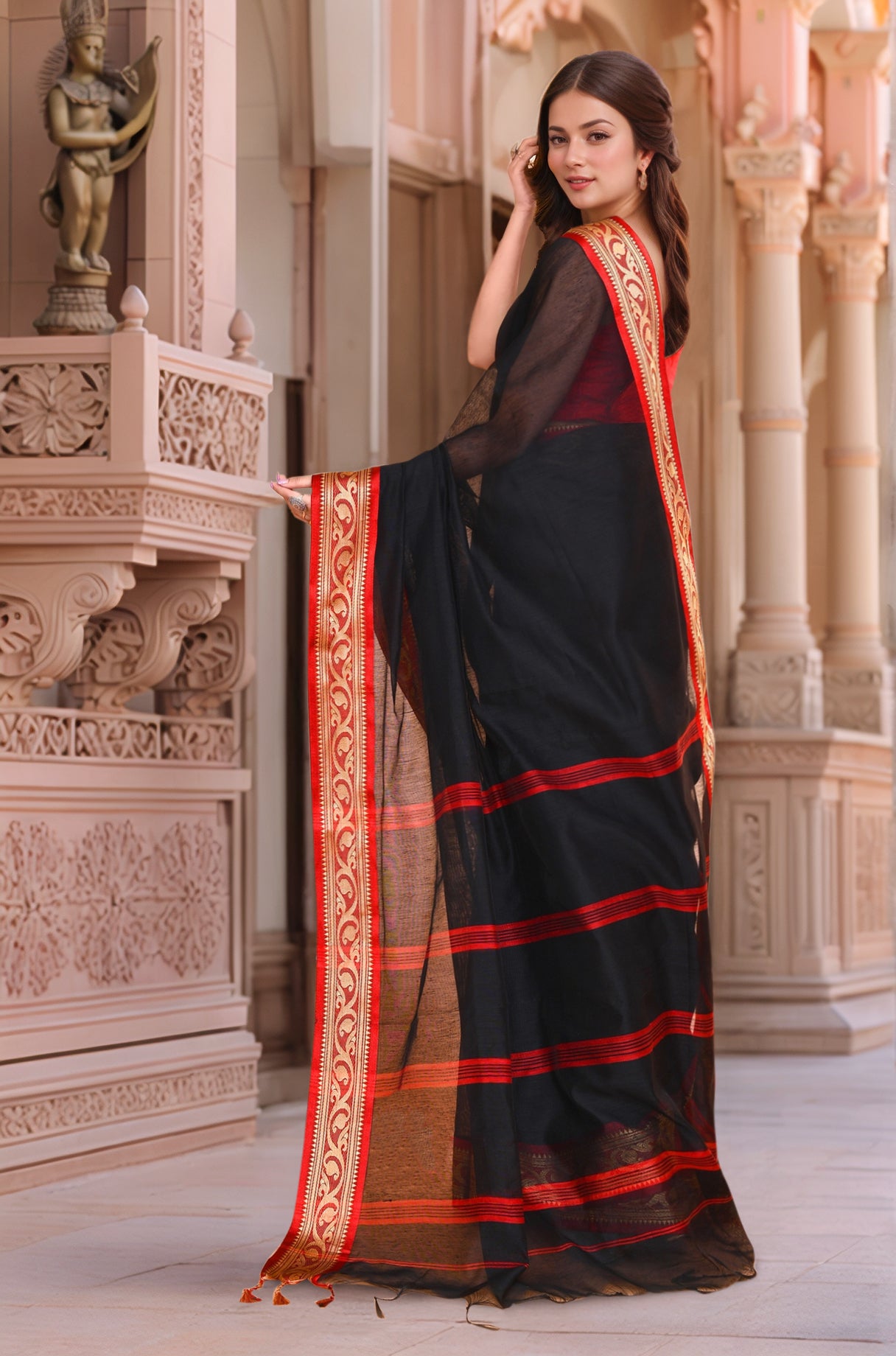 Cotton Black & Red Saree with Running Blouse