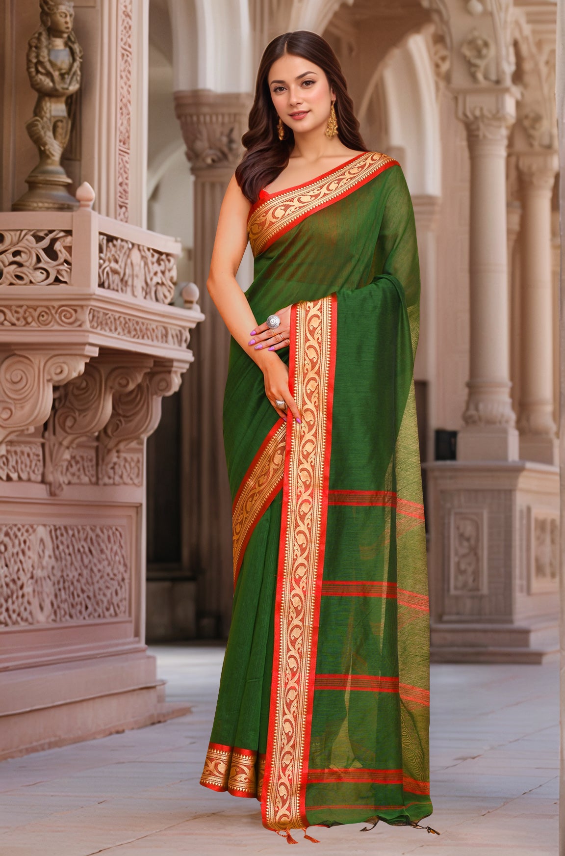 Cotton Green & Golden Saree with Running Blouse