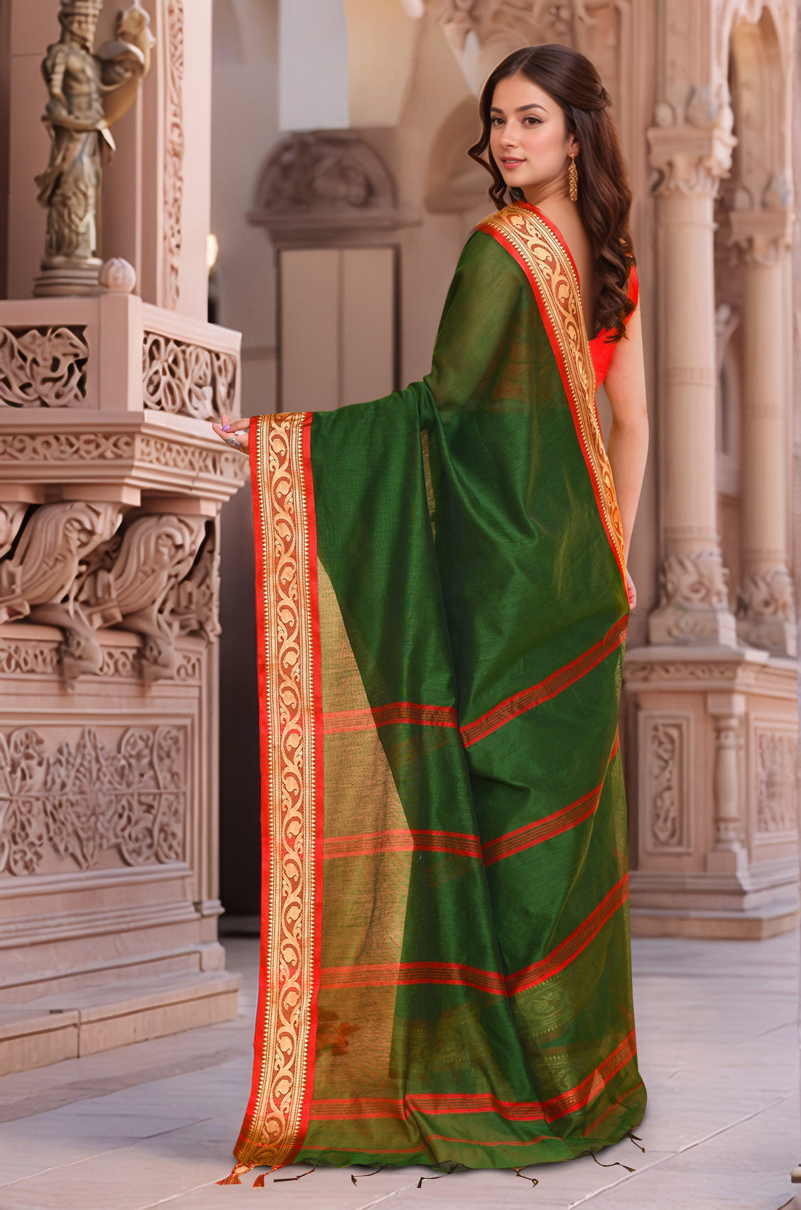 Cotton Green & Golden Saree with Running Blouse